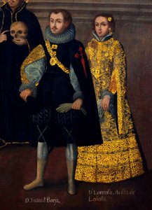 Martín de Loyolan avioliitto Doña Beatriz Ñustan kanssa ja Don Juan Borjan avioliitto Lorenza Ñustan kanssa (Enríquez y Loyola). tekijältä Cuzco School
