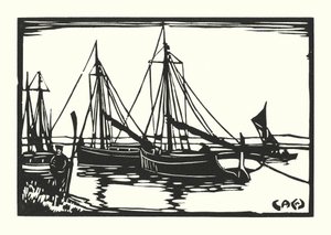Kalastusveneet ja proomut: Leigh Bawleys (puupiirros). tekijältä Cyril A. Wilkinson