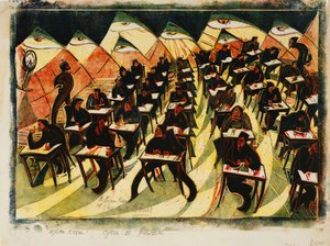 Tenttihuone, c. 1934 (linoleikkaus väreillä ohuelle Japanille)