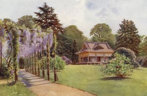 Japanilainen talo ja Wistaria Pergola, Bagshot Park (väri litho)