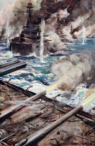 "Laivasto taistelulaivoja ampumassa laidalla", kuva "Told in the Huts: The YMCA Gift Book", julkaistu 1916 tekijältä Cyrus Cuneo