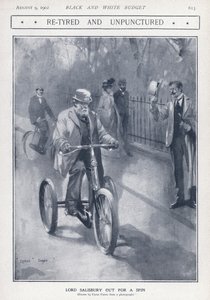 Englannin konservatiivinen poliitikko ja pääministeri Lord Salisbury ajamassa kolmipyörällä (litho)