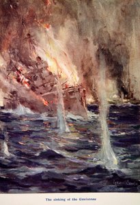 "The Sinking of the Gneisenau", kuvitus "Told in the Huts: The YMCA Gift Book", julkaistu 1916 tekijältä Cyrus Cuneo
