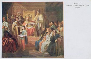 Kaarle IV perusti Prahan saksalaisen yliopiston vuonna 1348, 1900-luvun alun postikortti tekijältä Czech School