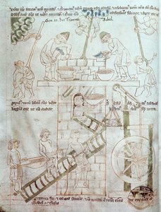 Ms 23 C 124 fol.3 Baabelin tornin rakentaminen, Velislavin Raamatusta, n. 1340 tekijältä Czech School
