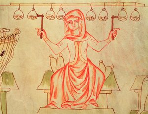 Mx XXIII C.124 Kelloja soittava muusikko, Velislavin Raamatusta, n. 1340 tekijältä Czech School