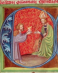Kirjoittaja, joka tarjoaa kirjansa Charles IV:lle (1316-1378) Bohemiasta, Pietro de Crescenzin (1230-1321) Opus Ruralium Commodorumista tekijältä Czech School
