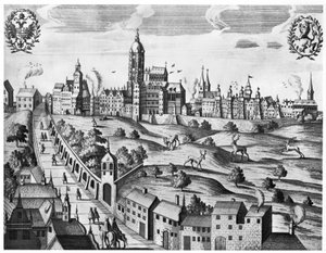 Näkymä Prahasta, jossa näkyy keisarillinen palatsi ja teologinen korkeakoulu, n. 1618 tekijältä Czech School