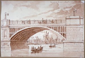Näkymä pienestä veneestä, joka kulkee Vauxhall Bridgen alta, Lontoo, 1820. tekijältä DHC