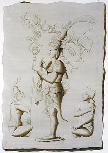 Kuningas, veistos palatsista, Palenque, Chiapas, Meksiko (värikaiverrus) tekijältä D.K. (after) Bonatti