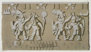 Bas Relief muinaisista atsteekkien sotureista Tizocin kivestä muistoksi hallitsijaa, joka piti vankejaan päässään