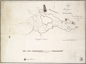 Kapteeni D.l. Rossin, FRS Marine Surveyor General, laatima suunnitelma Singaporen satamasta. tekijältä D. I. Ross