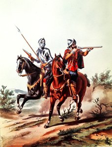 Ranskan ratsuväki aseistettu pyöränlukituspistooleilla (väri litho) tekijältä D. de (after) Noirmort