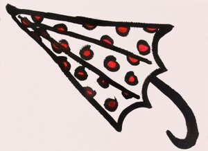 Punainen pilkullinen sateenvarjo, 2017 (punainen ja musta indiamuste paperille)