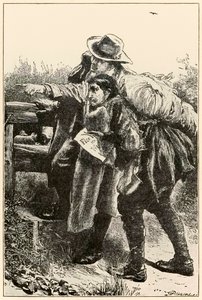 Evankelista osoittaa tien pyhiinvaeltajien edistymisestä tästä maailmasta siihen, mikä on tuleva. John Bunyan (1628-1688) kuvitus Thomas Dalziel (1823-1906) Evankelista, joka näyttää Christianin
