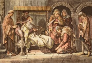 Normandiasta palaava Harold esittelee itsensä Edward Confesorille, JD Cooperin kaivertama (värillinen kaiverrus) tekijältä Daniel Maclise
