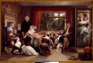 Tohvelinmetsästyksen peli Pelikohtaus englantilaisessa porvarillisessa sisustuksessa. Daniel Maclisen (1806-1870) maalaus 1800-luku Yksityinen kokoelma