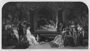 Leikkikohtaus, Hamlet, kuvasta Vernon Galleryssä (kaiverrus)