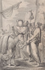 Figuurit oikealla lähellä laivaa, jotkut pitävät eläimiä päänsä päällä, hevonen vasemmalla, 1783 tekijältä Daniel Berger