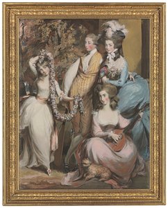 Crichelin Mary Sturtin (1740-1807) kokopitkä muotokuva, jossa hän seisoo kolmen vanhimman lapsensa Dianan, Maryn ja Humphryn kanssa (lyijykynä, pastelli ja vartaloväri). tekijältä Daniel Gardner