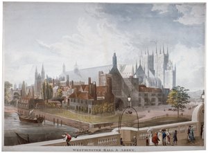 Näkymä Westminster Halliin ja Abbeyyn Westminster Bridgeltä, Lontoo, 1819. tekijältä Daniel Havell
