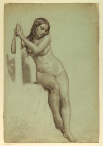 Piirros, Naisaktin istuminen jakkaralla, 1858 tekijältä Daniel Huntington