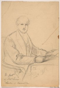 Piirros, Robert Lenox istuu pöydän ääressä kauppakamarin muotokuvaa varten, 1865 tekijältä Daniel Huntington