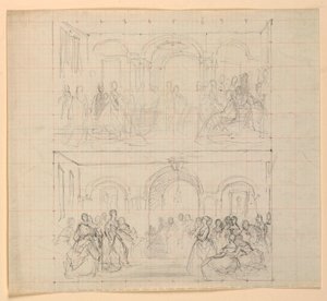 Piirustus, kaksi hahmokompositioita maalaukseen "Lady Washingtonin vastaanotto", 1860 tekijältä Daniel Huntington