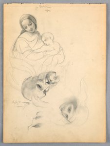 Madonna ja lapsi, luonnoksia Leonardo Da Vincin ja Fra Bartolomeon teoksista Firenzen Uffizissa