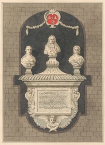 Muistomerkki Sir John Bennettille ja hänen vaimoilleen Elizabethille ja Bridgetille Harlington Churchista tekijältä Daniel Lysons