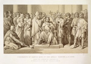 Haroldin, anglosaksien kuninkaan, kruunaus, kaiverrus W. Ridgeway tekijältä Daniel Maclise