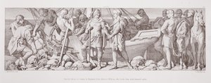 Harold, joka on palaamassa Englantiin, jättää hyvästit Williamille, joka lastaa hänelle jäähyväislahjoja "Normannien valloituksen tarinasta", jonka kaiverrus L. Gruner, 1866 tekijältä Daniel Maclise