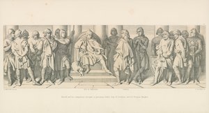 Harold ja hänen seuralaisensa, jotka tuotiin vankeina Guy of Ponthieun ja hänen normanniritariensa eteen tekijältä Daniel Maclise