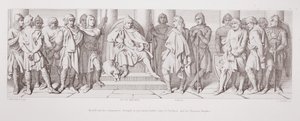 Harold ja hänen toverinsa toivat vankeina Guy of Ponthieun ja hänen normanniritariensa eteen L. Grunerin kaivertamasta "Normannien valloituksen tarinasta", 1866 tekijältä Daniel Maclise