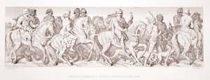 Harold ja hänen ritarit ratsastavat laivaannousupaikalleen Boshamiin, Sussexin osavaltioon "The Story of the Norman Conquest", kaiverrettu L. Gruner, 1866 tekijältä Daniel Maclise