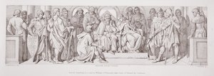 Harold, joka lähtee vierailemaan Normandian Williamin luona, jättää Edward The Confessorin, "The Story of the Norman Conquest", kaivertanut L. Gruner, 1866 tekijältä Daniel Maclise