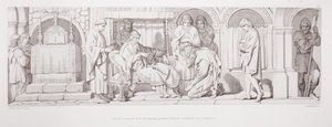 Normandiasta palannut Harold esittelee itsensä Edward Tunnustajalle teoksesta "Normannien valloituksen tarina", kaiverrettu L. Gruner, 1866 tekijältä Daniel Maclise