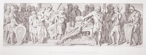 Haroldin uskollisuudenvala Vilhelmille pyhimysten kätkettyjen pyhäinjäännösten äärellä, teoksesta "The Story of the Norman Conquest", kaiverrettu L. Grunerilta, 1866. tekijältä Daniel Maclise
