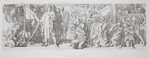 Kunnianosoitus pyhitetylle lipulle, kirjasta "The Story of the Norman Conquest", kaivertanut L. Gruner, 1866 tekijältä Daniel Maclise