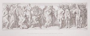 Morcar, joka valittiin Northumbrian jaarliksi Tostigin tilalle, Harold toimii välittäjänä vaalien nunkoosien kanssa teoksesta The Story of the Norman Conquest, kaiverrettu L. Gruner, 1866 tekijältä Daniel Maclise