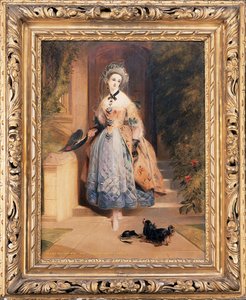 Muotokuva Louisa Janesta, Abercornin maaliskunnasta, pieni kokopitkä, taidokkaasti brodeeratussa kelta-sinisessä mekossa, talon sisäänkäynnissä, spanielin kanssa, 1832 tekijältä Daniel Maclise