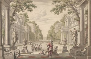 Näkymä palatsin puutarhaan, jossa on keskuslampi, jota ympäröi klassinen arkkitehtuuri..., n. 1700-1720.