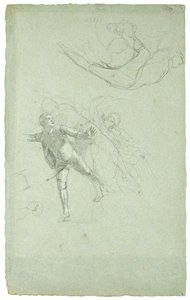Study for The Siege of Gibraltarin (Tutkimus pitkäveneen tykkihahmolle), 1785-1786 (mustavalkoinen liitu harmaansinisellä paperilla) tekijältä Daniel Mytens
