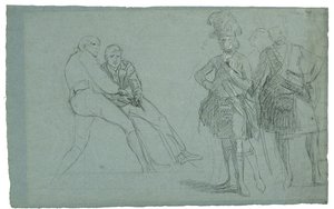 Study for The Siege of Gibraltarin (Tutkimus everstiluutnantti Lindsaystä ja hahmoja vetää köydestä), c. 1786-1787 (graftie ja mustavalkoinen liitu harmaansinisellä paperilla) tekijältä Daniel Mytens