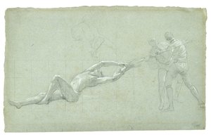 Tutkimus Gibraltarin piirityksestä (Tutkimus pelastettua hahmoa ja kahta airoa vetäävää hahmoa), 1785-1786 (mustavalkoinen liitu harmaanvihreällä paperilla) tekijältä Daniel Mytens