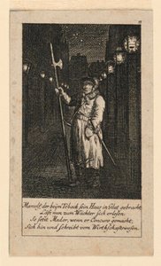 Yövartija, kuvitus "Königl: Grosbrit [anian] genealogical Calendar 1780 Lauenberg, J.G. Berenberg" tekijältä Daniel Nikolaus Chodowiecki