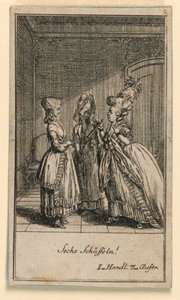 Vanhempi nainen moitti tyttöä, kuvitus Fredrich Wilhelm Grossmanin näytelmästä "Not more than sachs Schuesseln" teoksessa "Königl: Grosbrit [anian] Genealogical Calendar 1782 Lauenberg, kirjoittaja J.G. Berenberg" tekijältä Daniel Nikolaus Chodowiecki