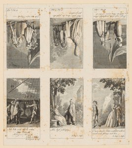 Sivut 1–3 ja 10–12 Shakespearen teoksesta ”Myrsky” tekijältä Daniel Nikolaus Chodowiecki