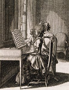 Musiikki, nainen soittaa spinettiä, Daniel Nikolaus Chodowiecki (1726-1801), Occupations des dames, Saksa, Puola tekijältä Daniel Nikolaus Chodowiecki