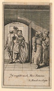 Iäkäs pariskunta ylpeästi lopettamassa vierailun, kuvitus Fredrich Wilhelm Grossmanin näytelmästä "Ei muuta kuin sachs Schuesseln" teoksessa "Königl: Grosbrit [nische] genealogical calendar on the 1782 Lauenberg by J.G. Berenberg" tekijältä Daniel Nikolaus Chodowiecki